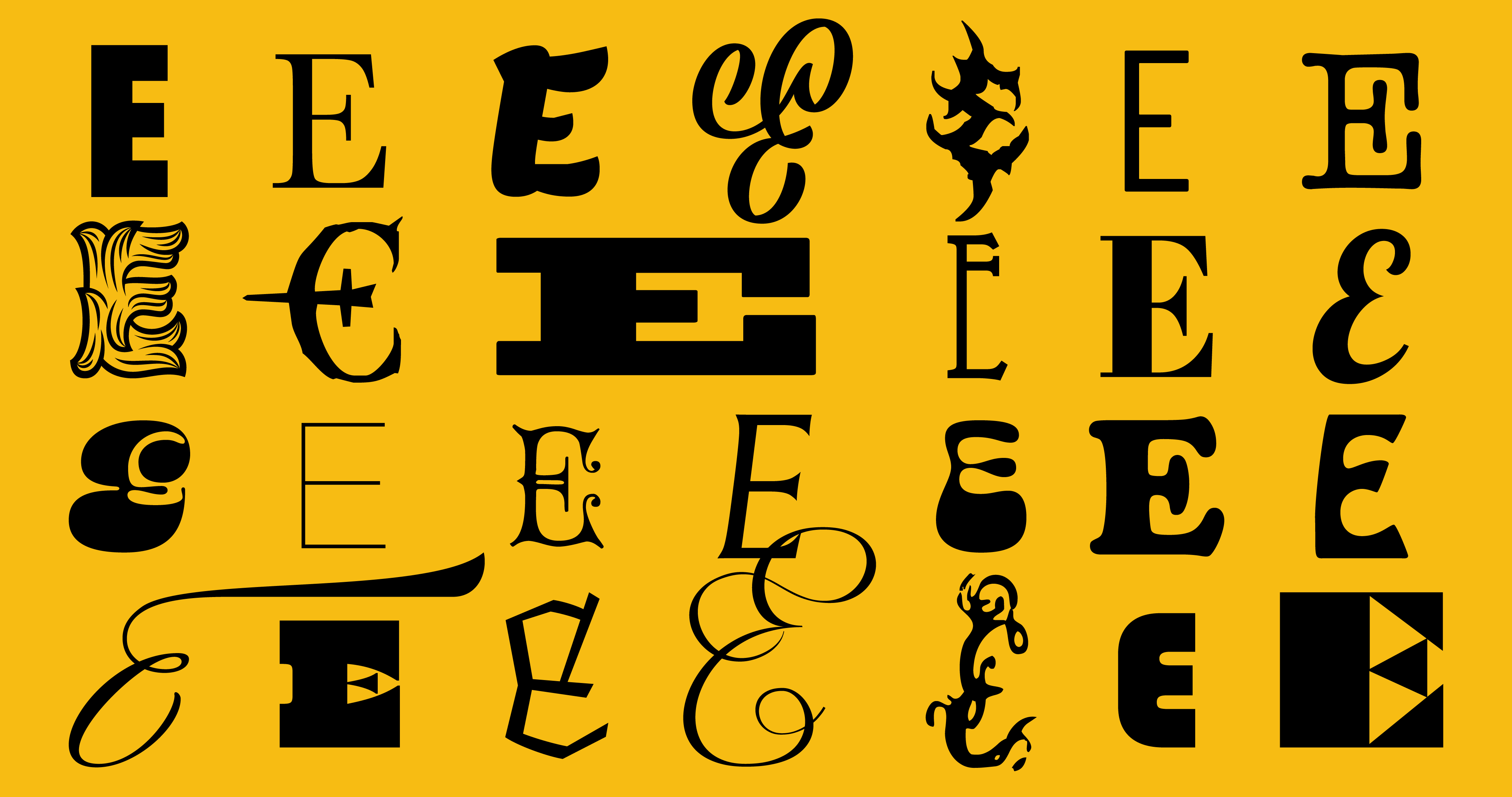 Photo shares examples of different types of font using the letter E.